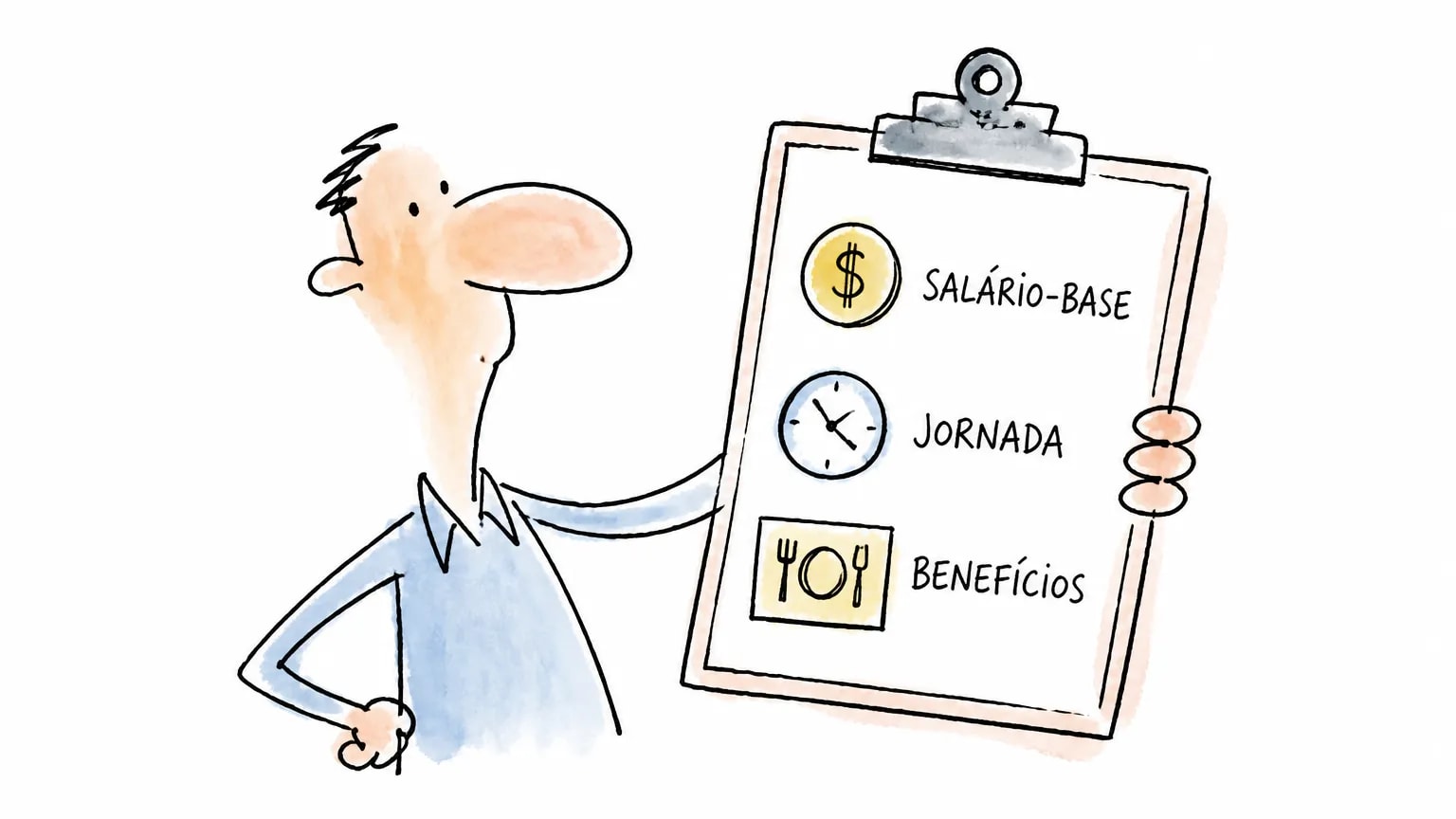 Balconista com prancheta para separar salário-base, jornada e benefícios de uma vaga.