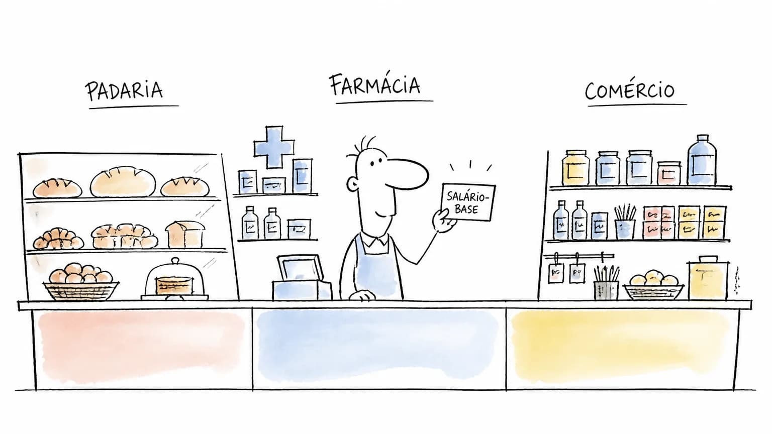 Balconista entre balcões de padaria, farmácia e comércio com cartão de salário-base.