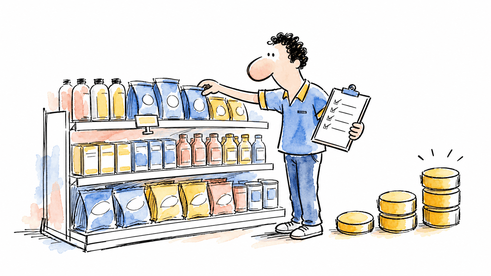 Ilustração de promotor de vendas organizando produtos no ponto de venda com checklist