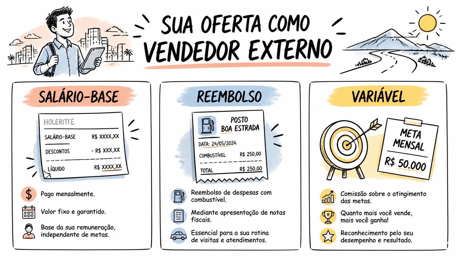 Infográfico que separa salário-base, reembolso e remuneração variável de vendedor externo