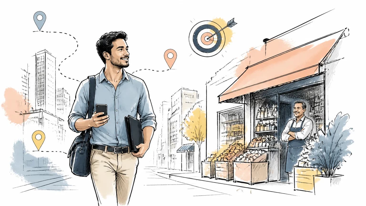 Ilustração de vendedor externo em rota comercial visitando um pequeno mercado