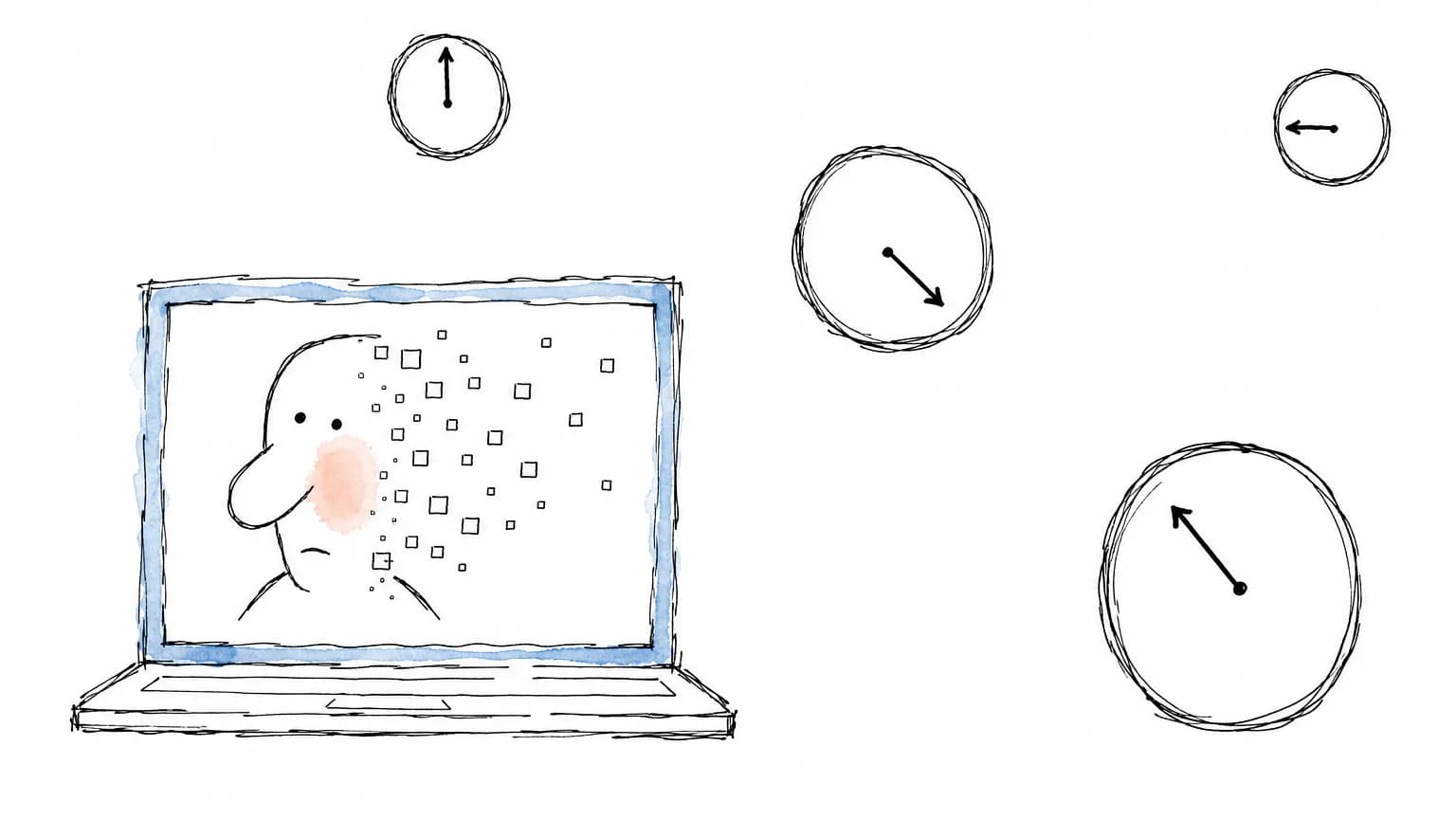 Notebook de frente com um retrato-doodle se desfazendo em quadradinhos na tela e quatro relógios de tamanhos diferentes flutuando no branco, cada um numa hora