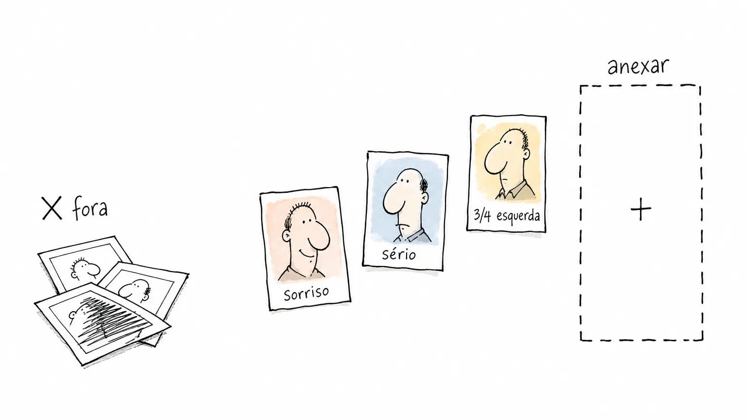 Cartoon de três fotos rotuladas sorriso, sério e 3/4 esquerda subindo até um campo tracejado "anexar", com uma pilha de fotos ruins marcada "fora"