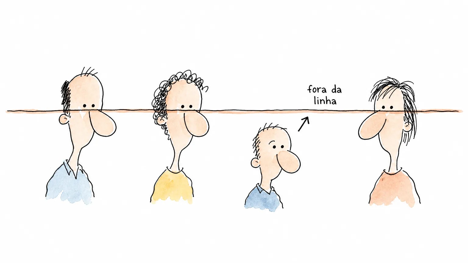 Quatro retratos em fila cortados por uma régua na altura dos olhos; o terceiro fica abaixo dela e recebe o rótulo "fora da linha"