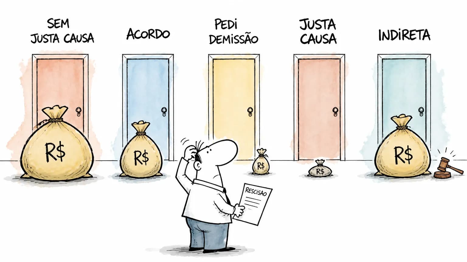 Ilustração de um trabalhador diante de cinco portas de saída do emprego, cada uma com um valor diferente de rescisão trabalhista