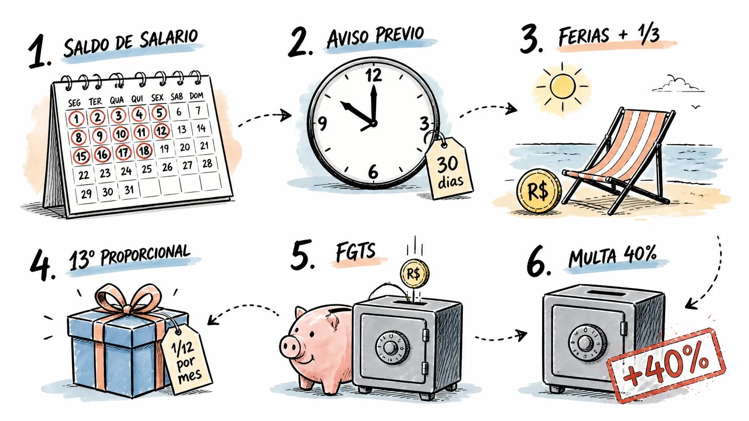 Infográfico com as seis verbas rescisórias: saldo de salário, aviso prévio, férias mais um terço, 13º proporcional, FGTS e multa de 40%