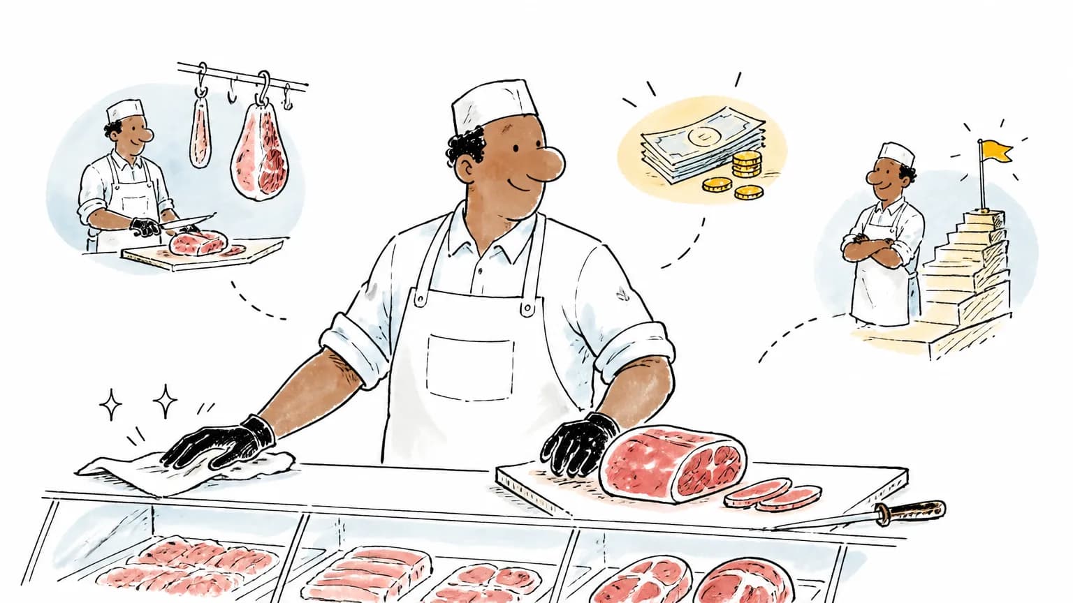 Ilustração sobre Açougueiro: o que faz, salário e como ser, com profissional em ambiente de trabalho.