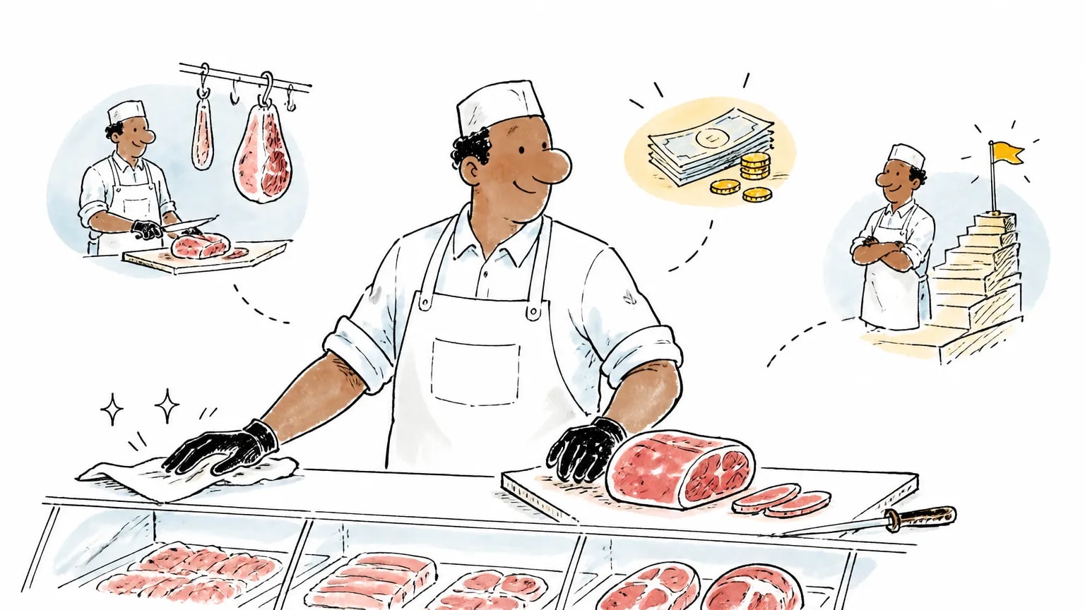 Ilustração sobre Açougueiro: o que faz, salário e como ser, com profissional em ambiente de trabalho.