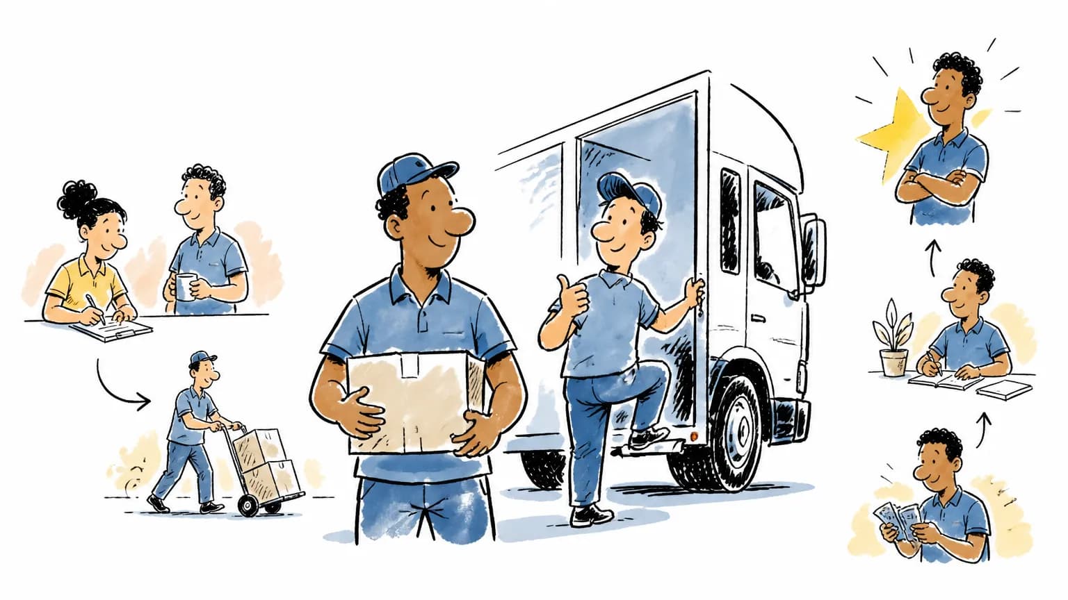 Ilustração sobre Ajudante de motorista: o que faz, salário e como começar, com cena profissional relacionada ao tema.