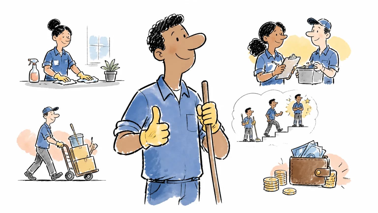 Ilustração sobre Ajudante geral: o que faz, salário e como ser, com cena profissional relacionada ao tema.