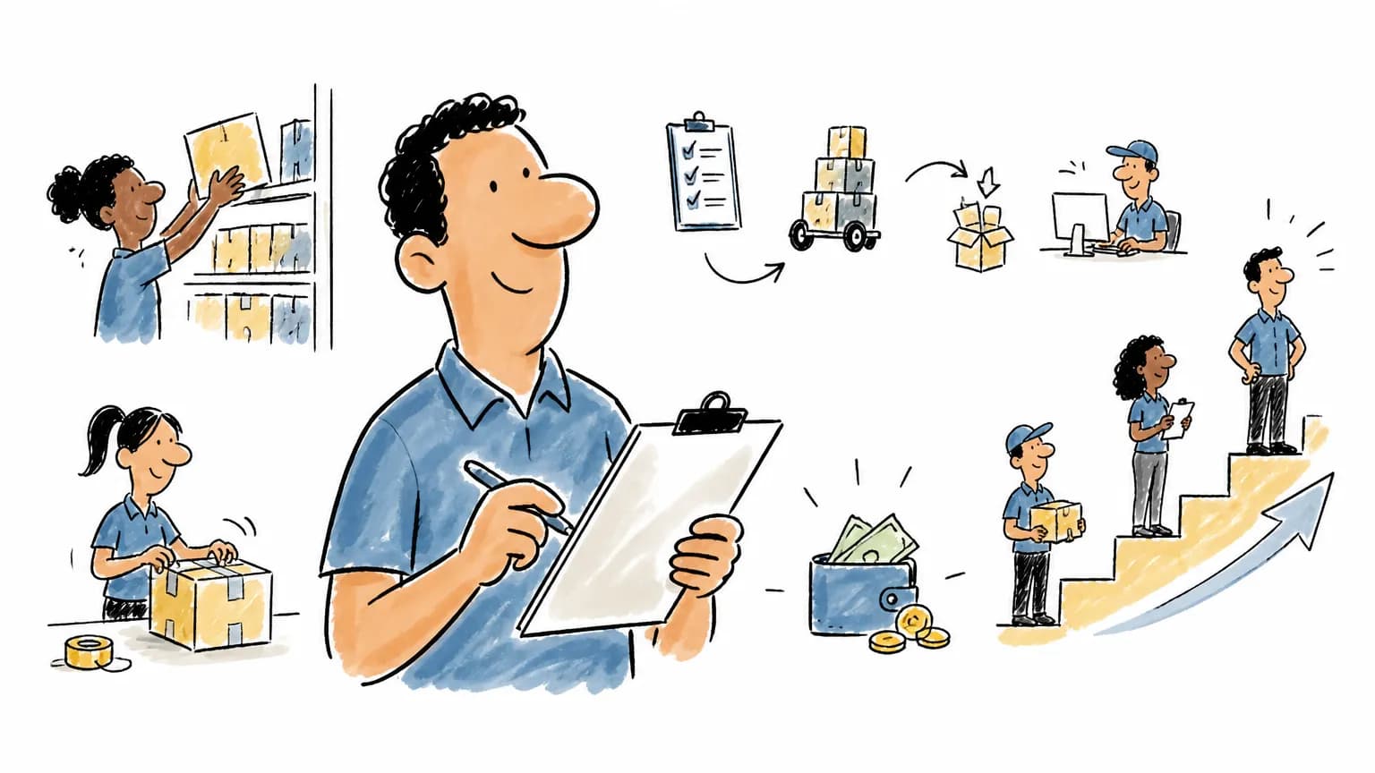 Ilustração sobre Almoxarife: o que faz, salário e como ser, com cena profissional relacionada ao tema.