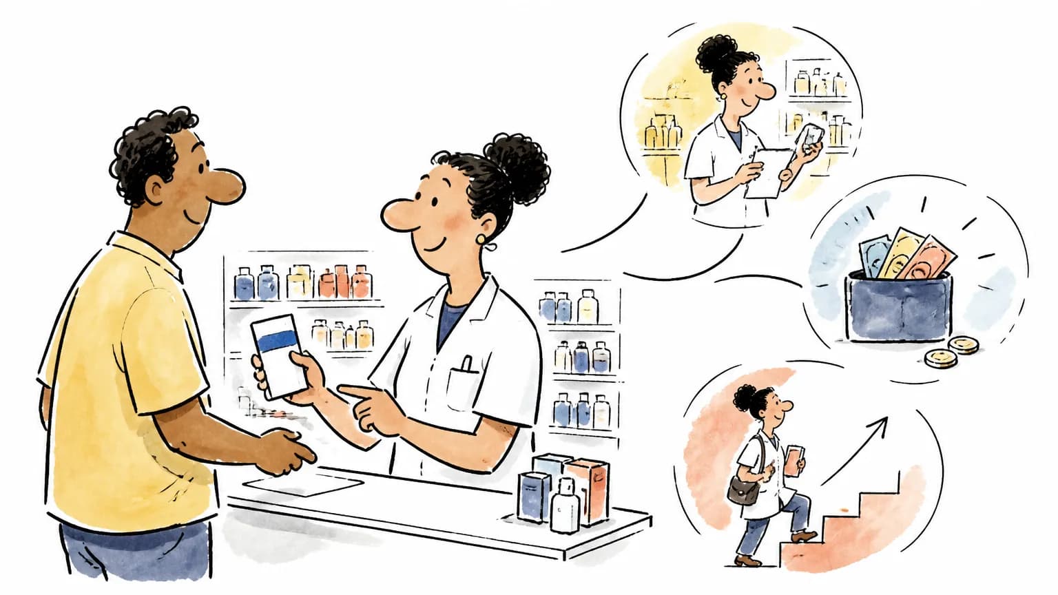 Ilustração sobre Atendente de farmácia: o que faz, salário e como ser, com profissional em ambiente de trabalho.