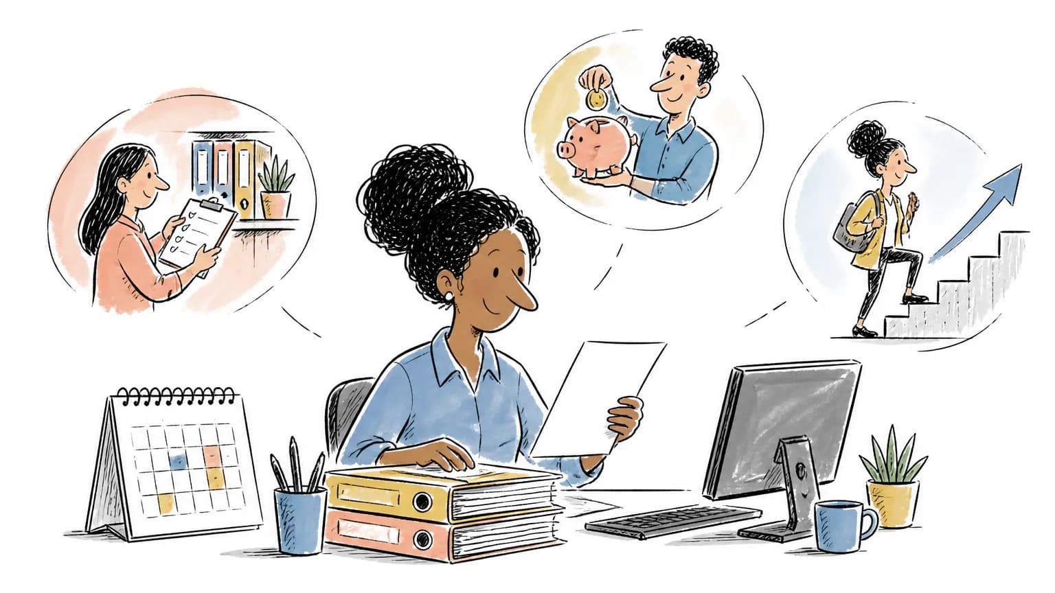 Ilustração sobre Auxiliar administrativo: o que faz, salário e como ser, com profissional em ambiente de trabalho.