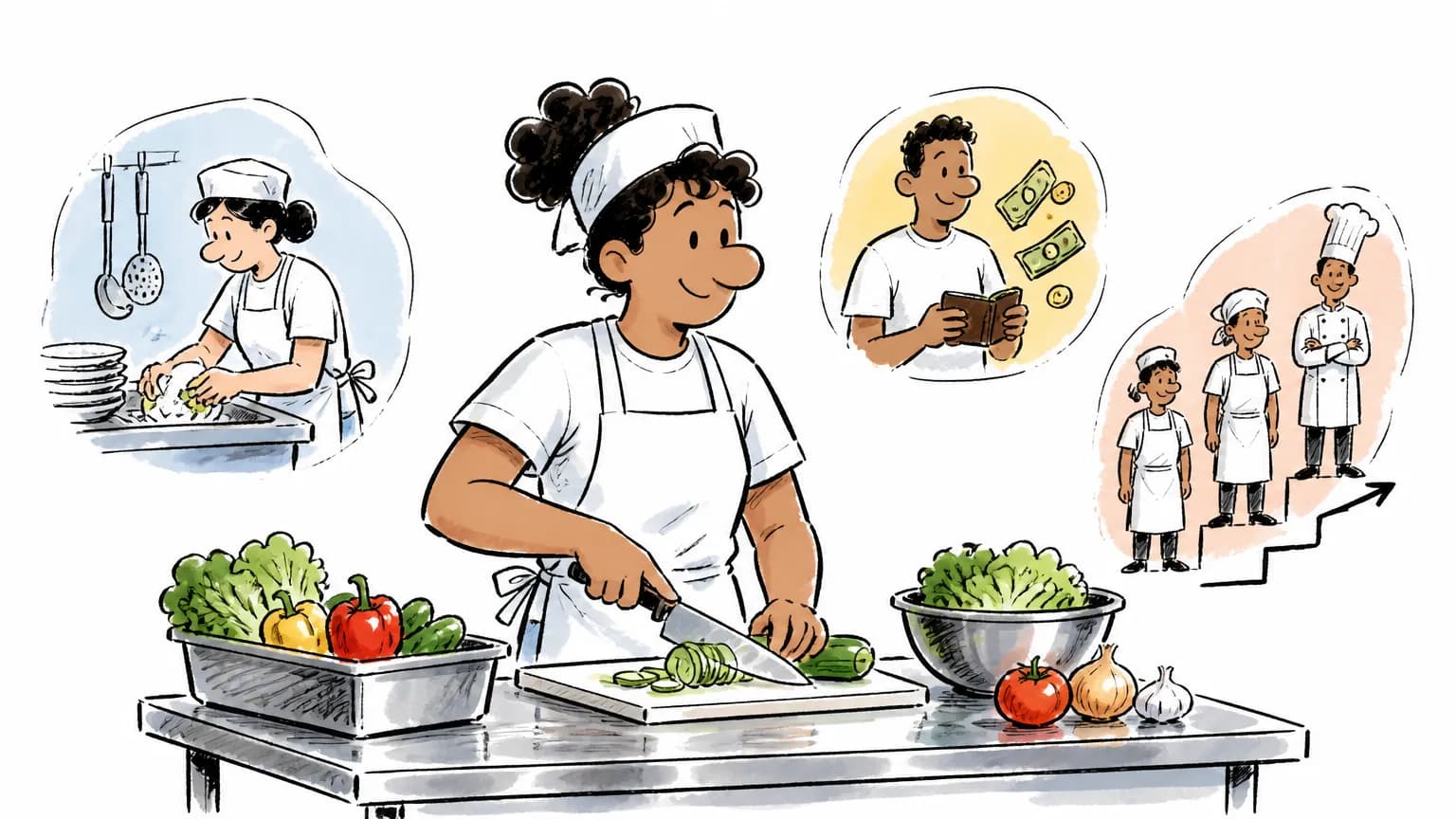 Ilustração sobre Auxiliar de cozinha: o que faz, salário e como ser, com profissional em ambiente de trabalho.