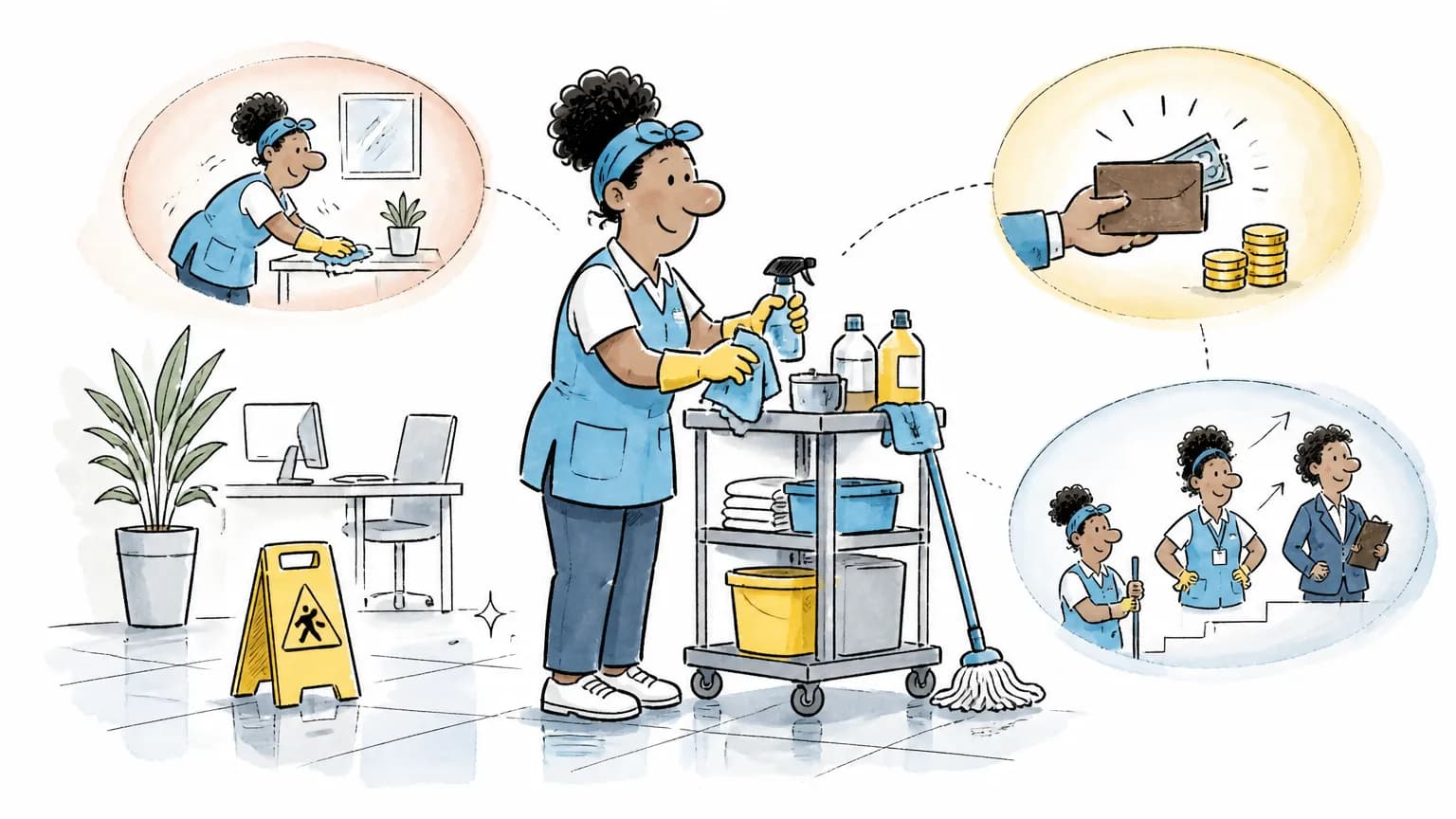 Ilustração sobre Auxiliar de limpeza: o que faz, salário e como ser, com profissional em ambiente de trabalho.