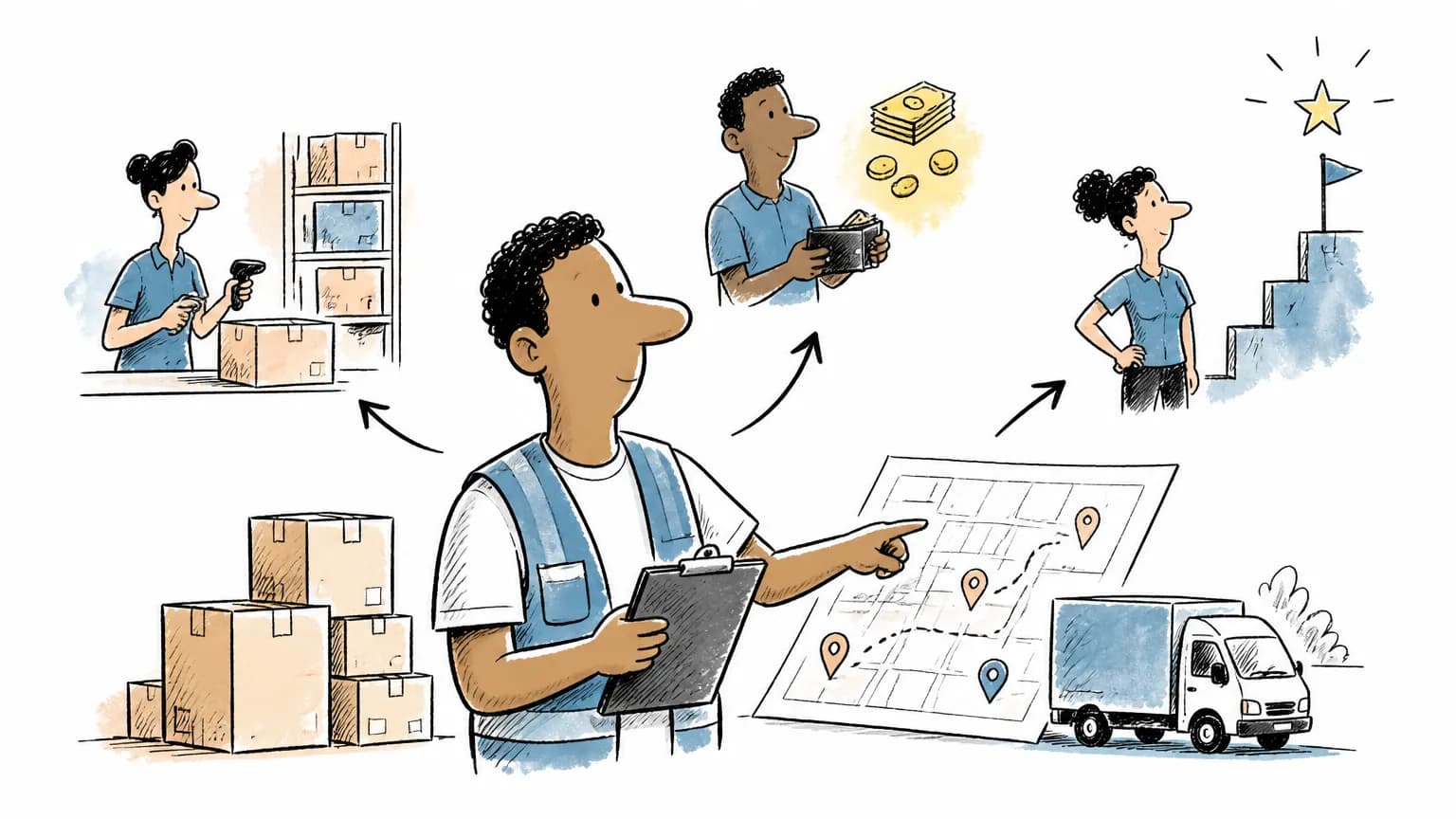 Ilustração sobre Auxiliar de logística: o que faz, salário e como ser, com profissional em ambiente de trabalho.