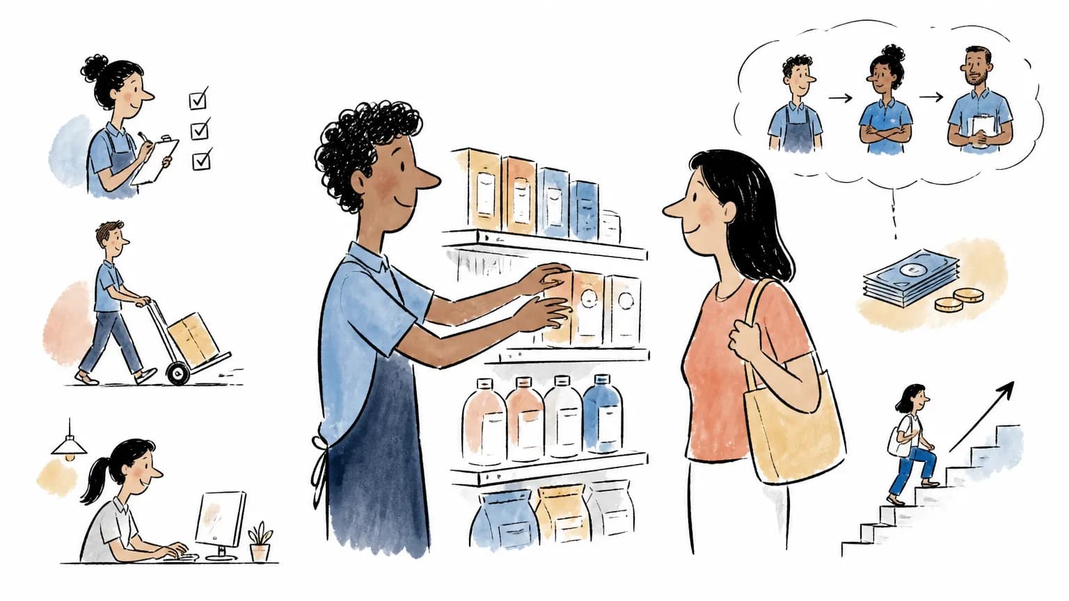 Ilustração sobre Auxiliar de loja: o que faz, salário e como começar, com cena profissional relacionada ao tema.