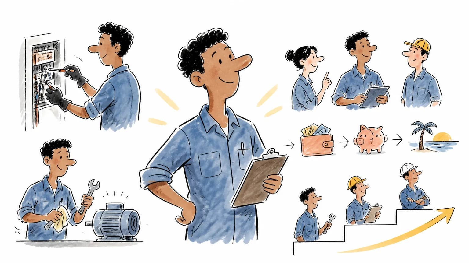 Ilustração sobre Auxiliar de manutenção: o que faz, salário e como ser, com cena profissional relacionada ao tema.