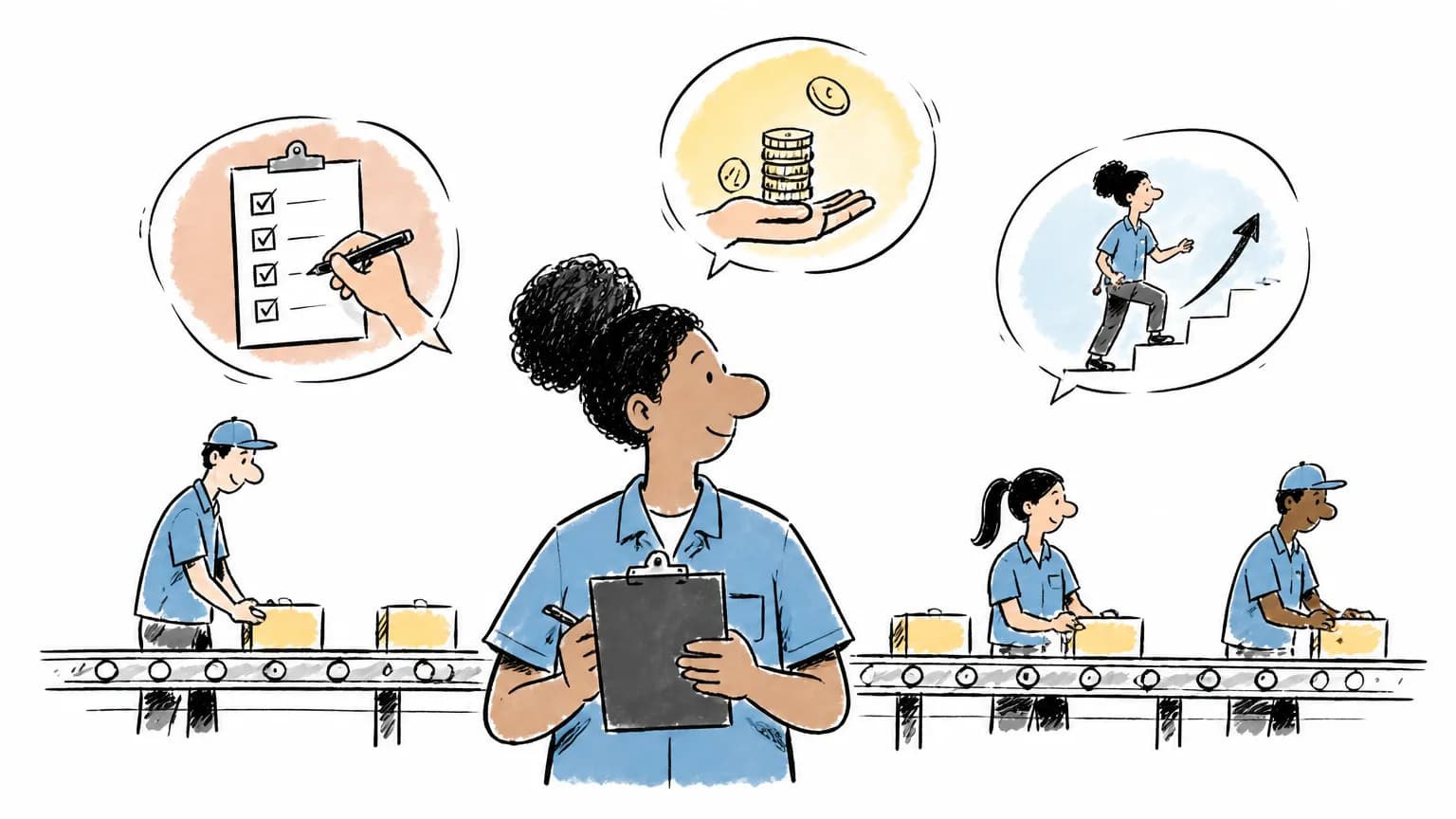 Ilustração sobre Auxiliar de produção: o que faz, salário e como ser, com profissional em ambiente de trabalho.