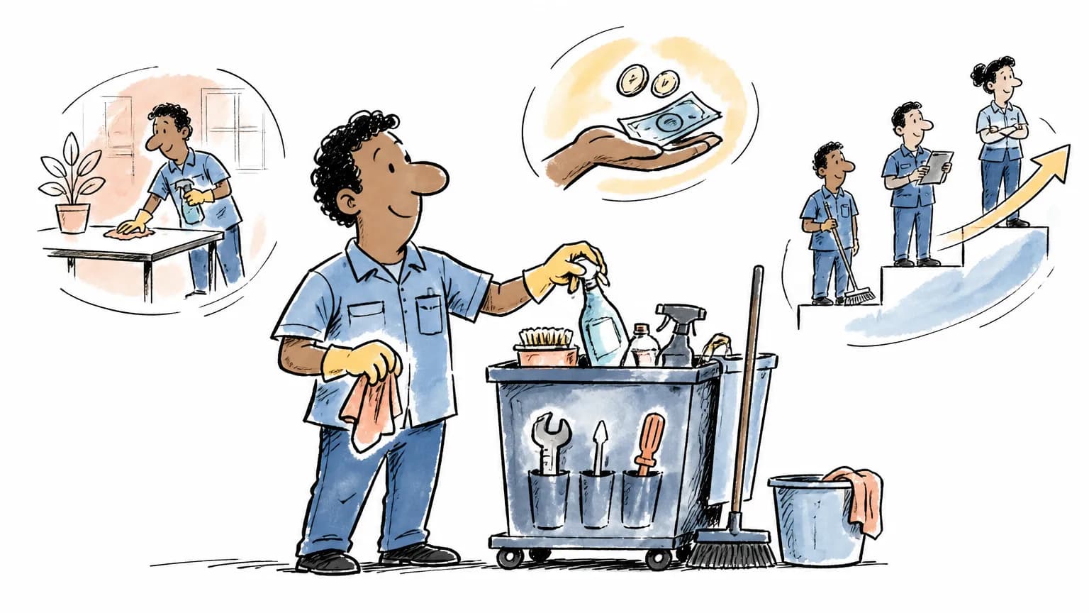 Ilustração sobre Auxiliar de serviços gerais: o que faz e salário, com profissional em ambiente de trabalho.