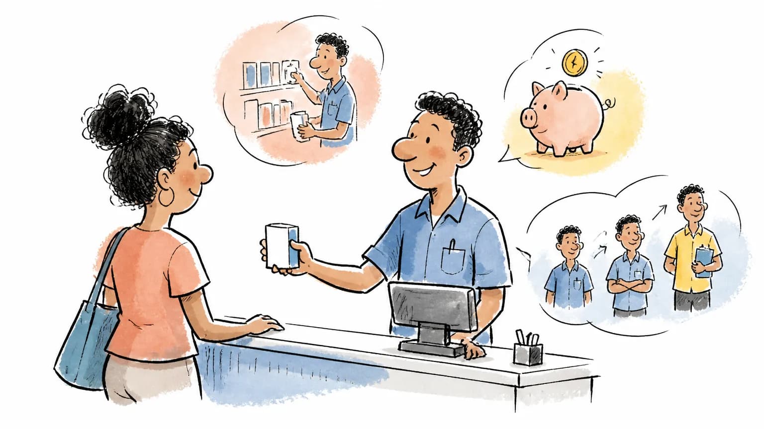 Ilustração sobre Balconista: o que faz, salário e como ser, com profissional em ambiente de trabalho.