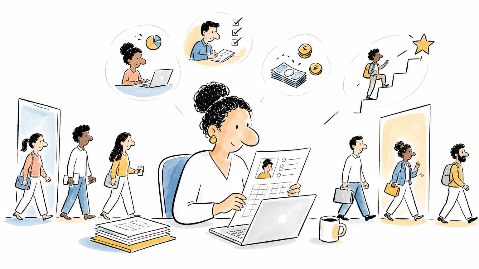 Ilustração sobre Caged: o que é e para que serve no mercado de trabalho, com cena profissional relacionada ao tema.