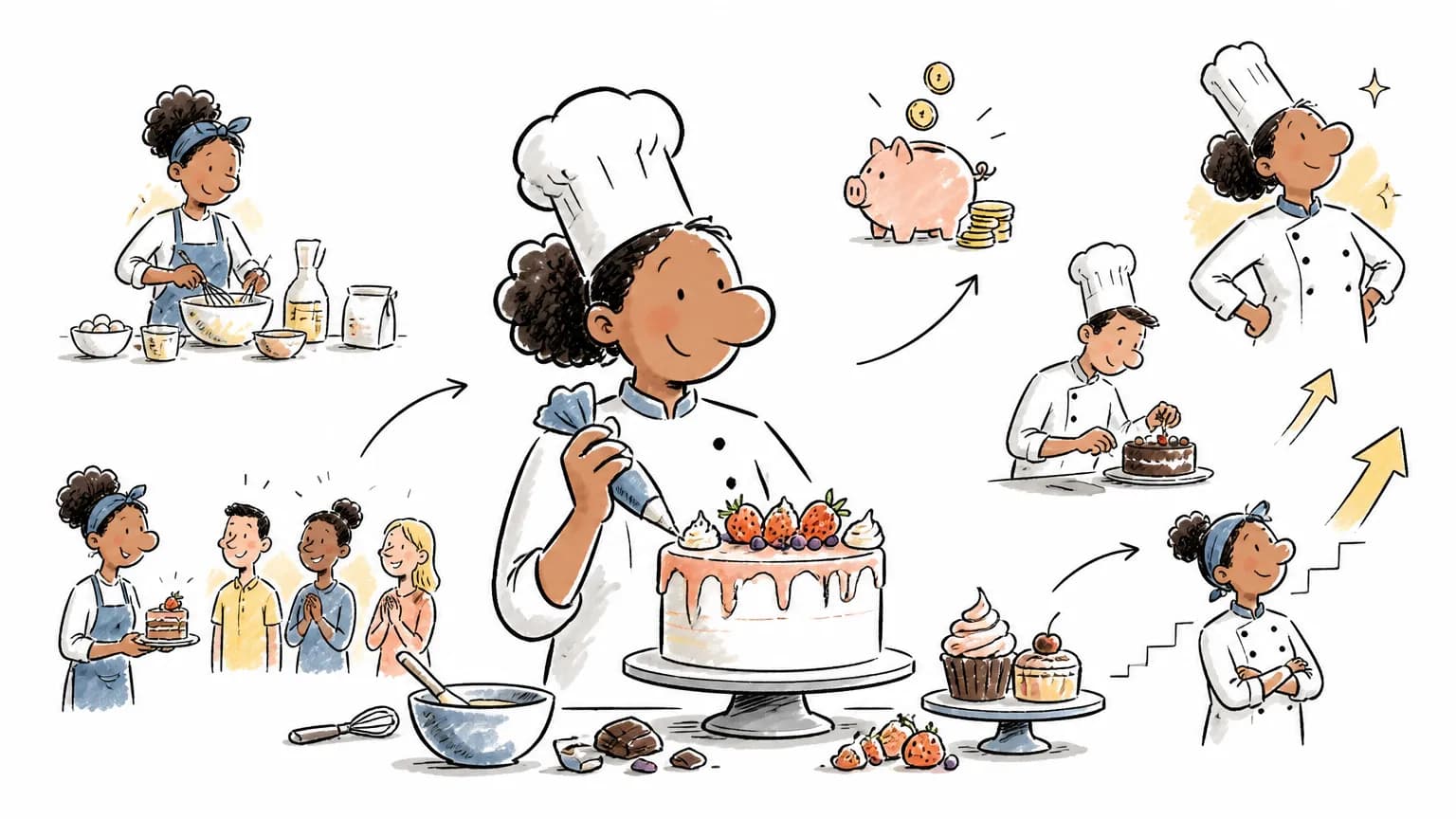 Ilustração sobre Confeiteiro: o que faz, salário e como ser, com cena profissional relacionada ao tema.