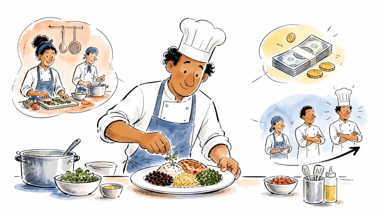 Ilustração sobre Cozinheiro: o que faz, salário e como ser, com profissional em ambiente de trabalho.