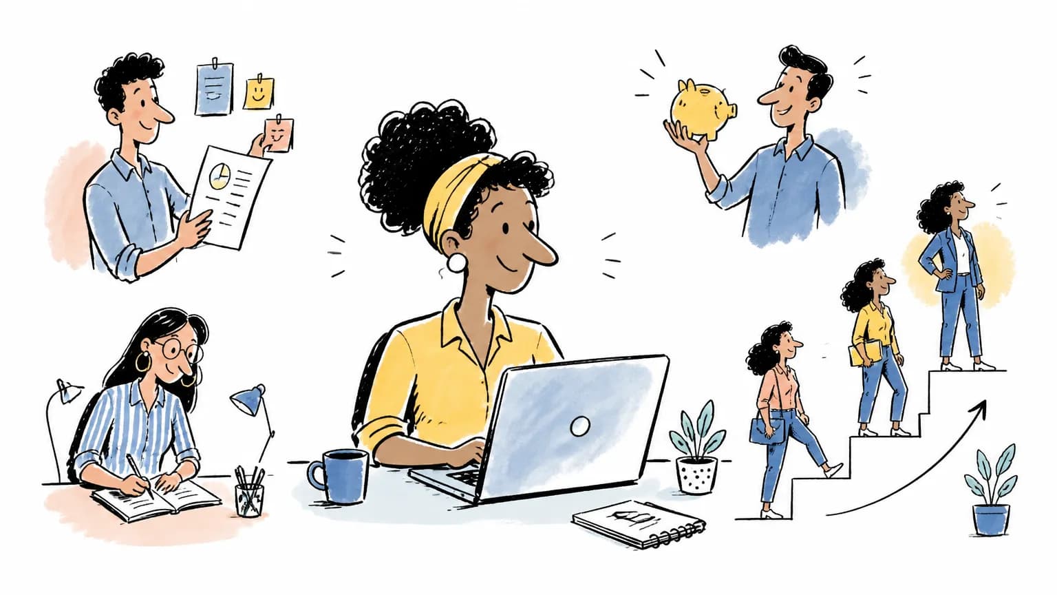 Ilustração sobre Currículo primeiro emprego: modelo pronto e o que colocar, com cena profissional relacionada ao tema.