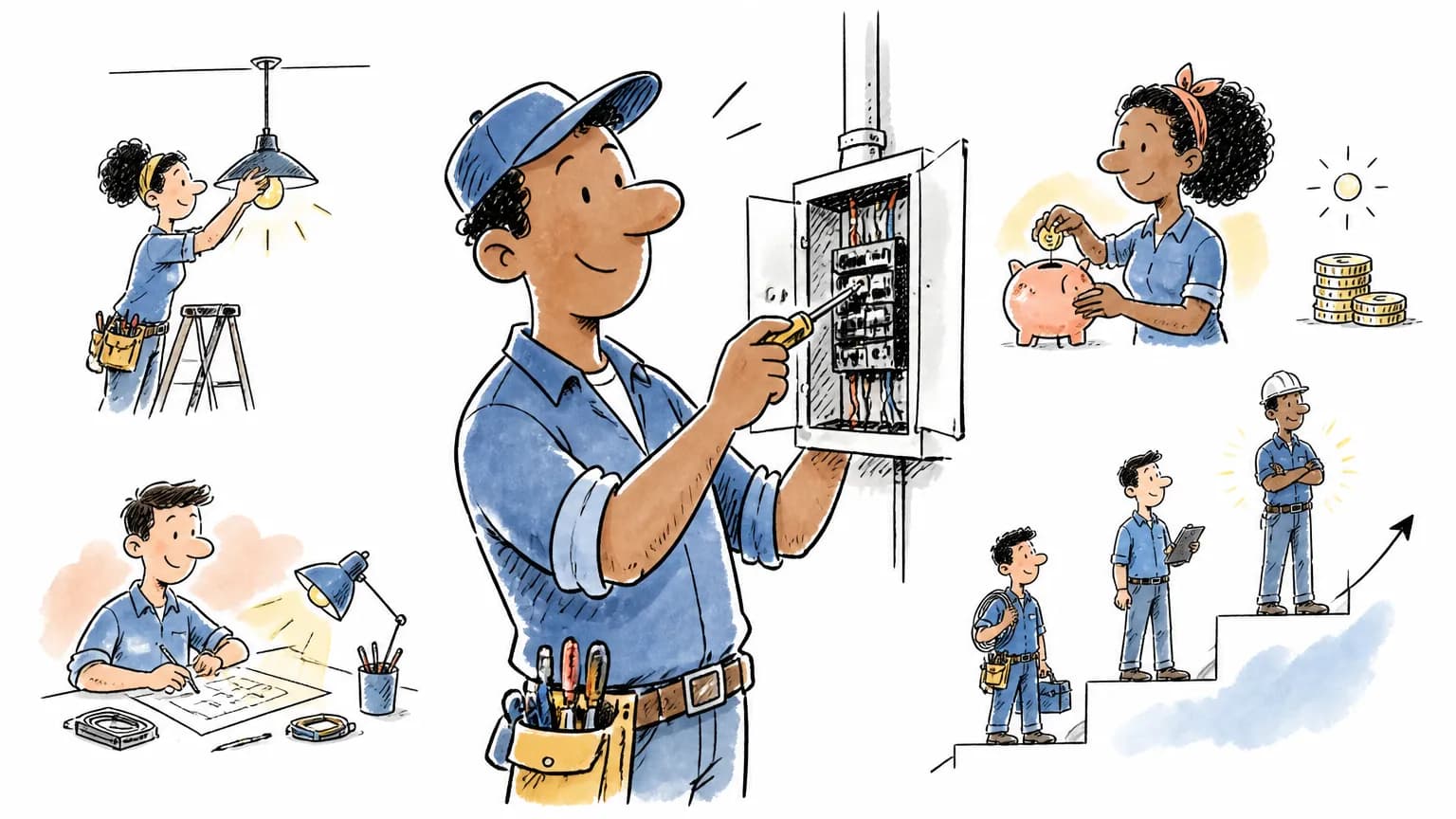 Ilustração sobre Eletricista: o que faz, salário e como ser, com cena profissional relacionada ao tema.