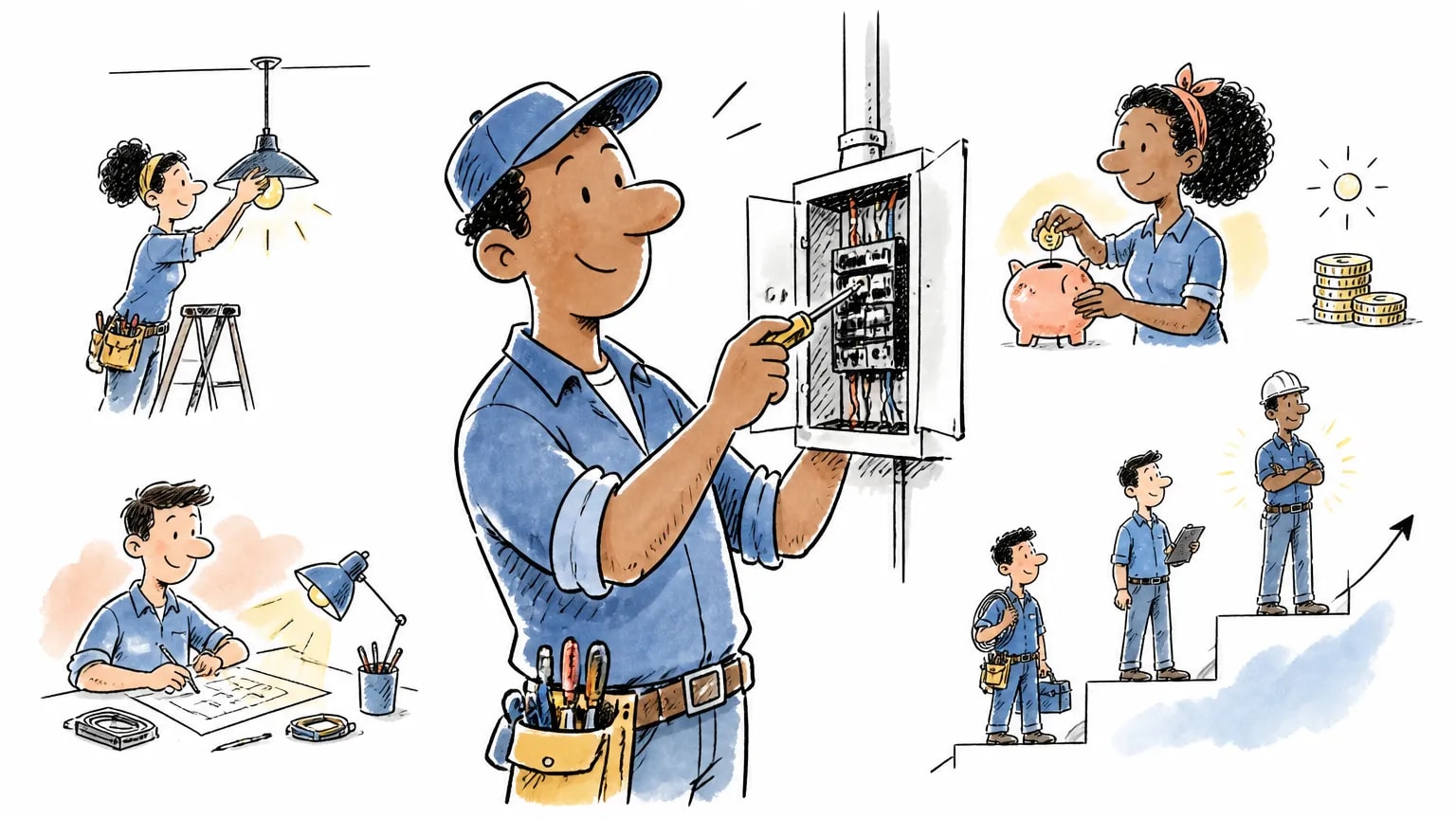 Ilustração sobre Eletricista: o que faz, salário e como ser, com cena profissional relacionada ao tema.