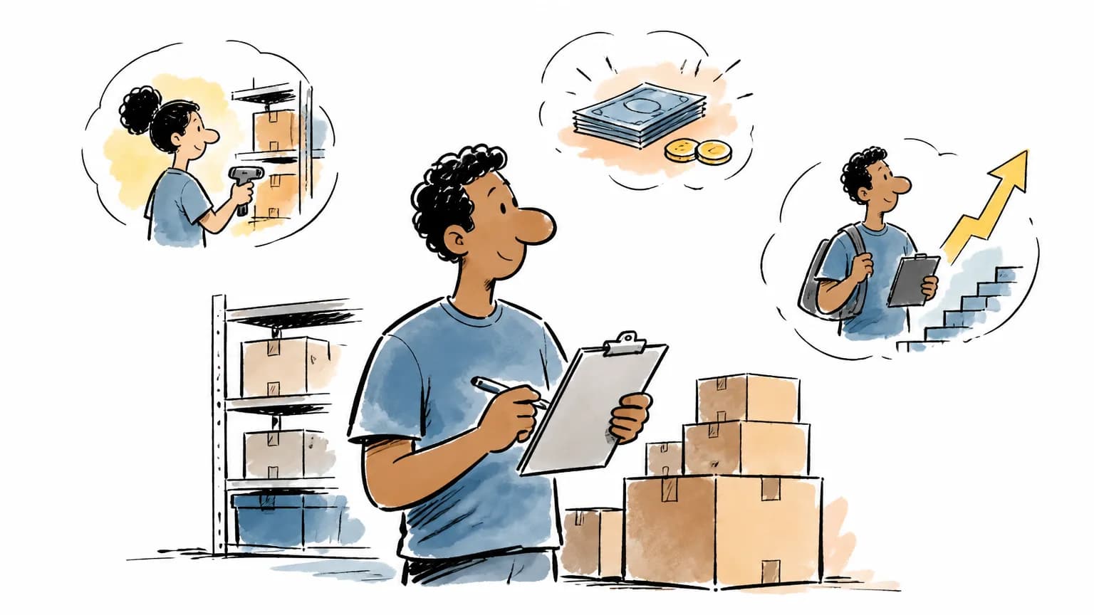 Ilustração sobre Estoquista: o que faz, salário e como ser, com profissional em ambiente de trabalho.