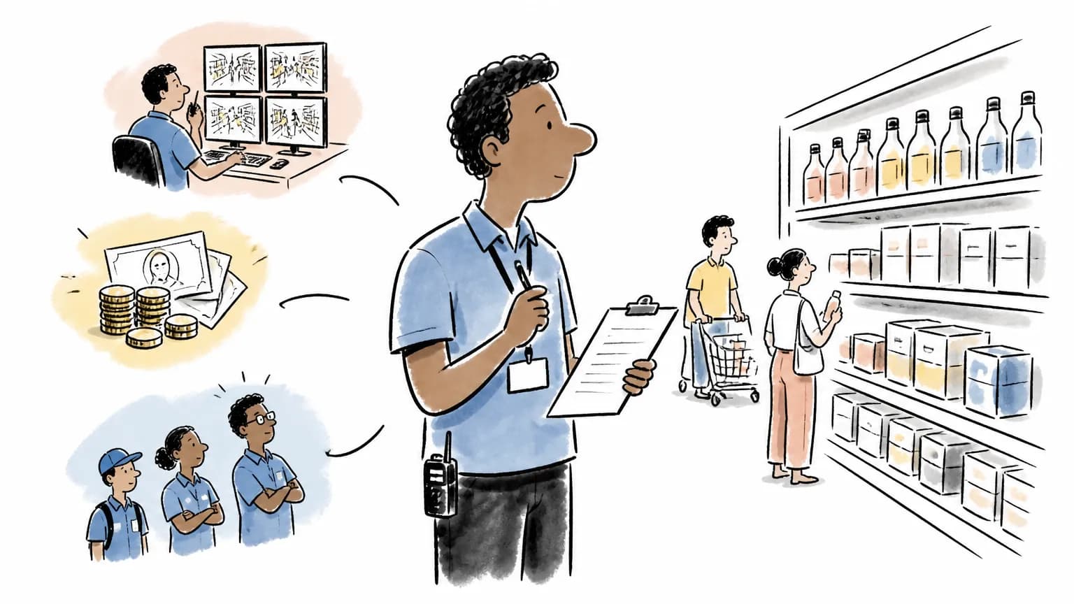 Ilustração sobre Fiscal de prevenção de perdas: o que faz e salário, com profissional em ambiente de trabalho.