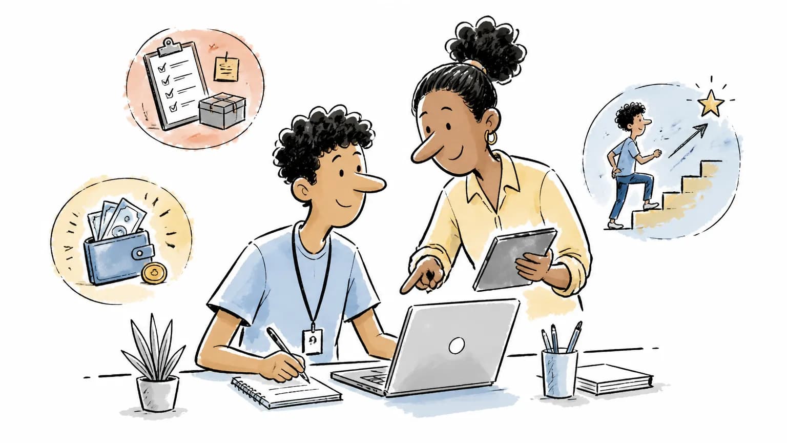 Ilustração sobre Jovem Aprendiz: o que faz, salário e como entrar, com profissional em ambiente de trabalho.