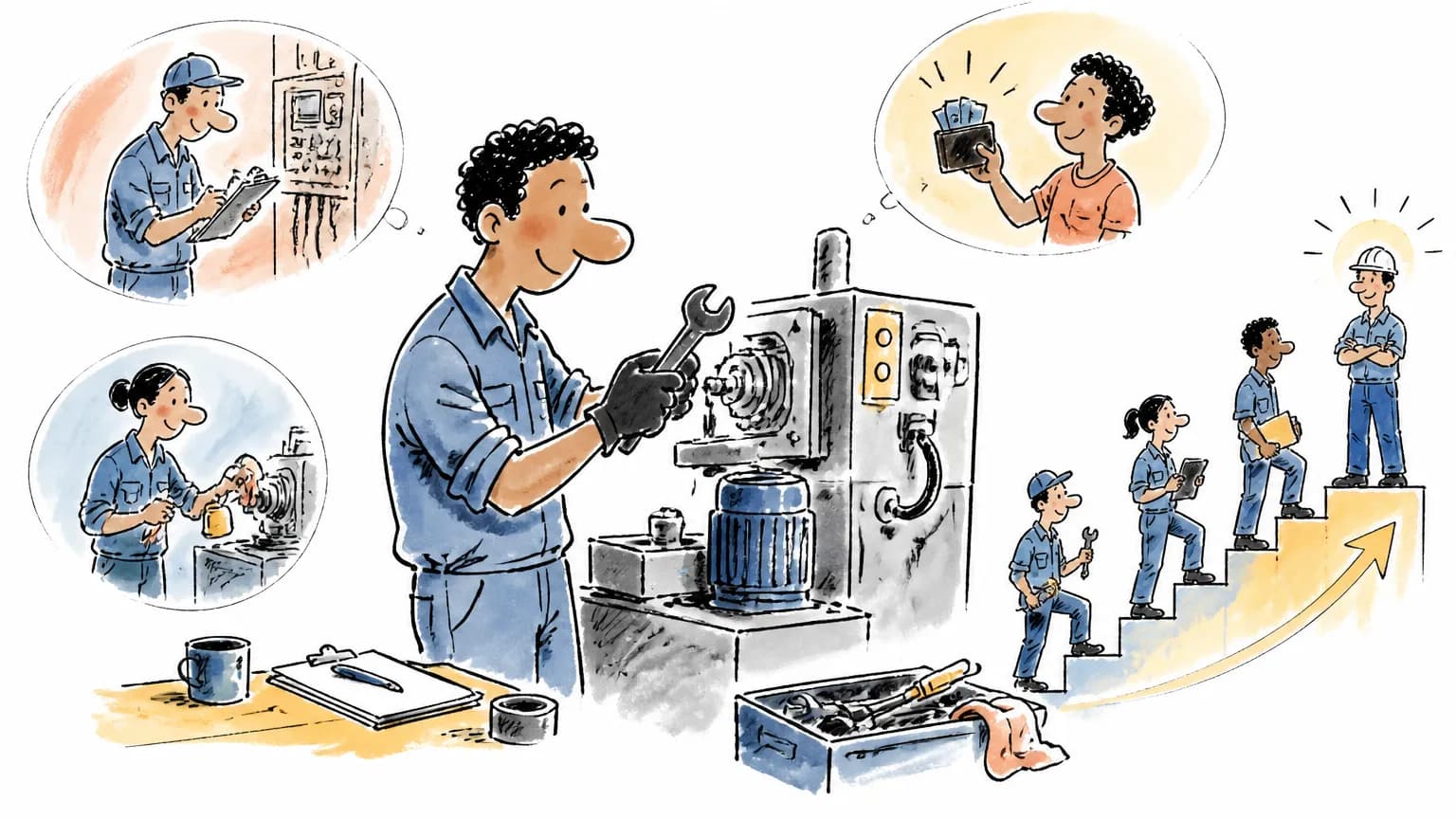 Ilustração sobre Mecânico de manutenção: o que faz, salário e como ser, com cena profissional relacionada ao tema.