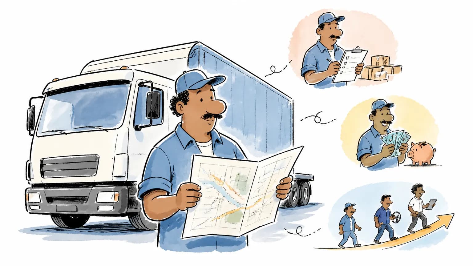 Ilustração sobre Motorista de caminhão: o que faz e salário, com profissional em ambiente de trabalho.