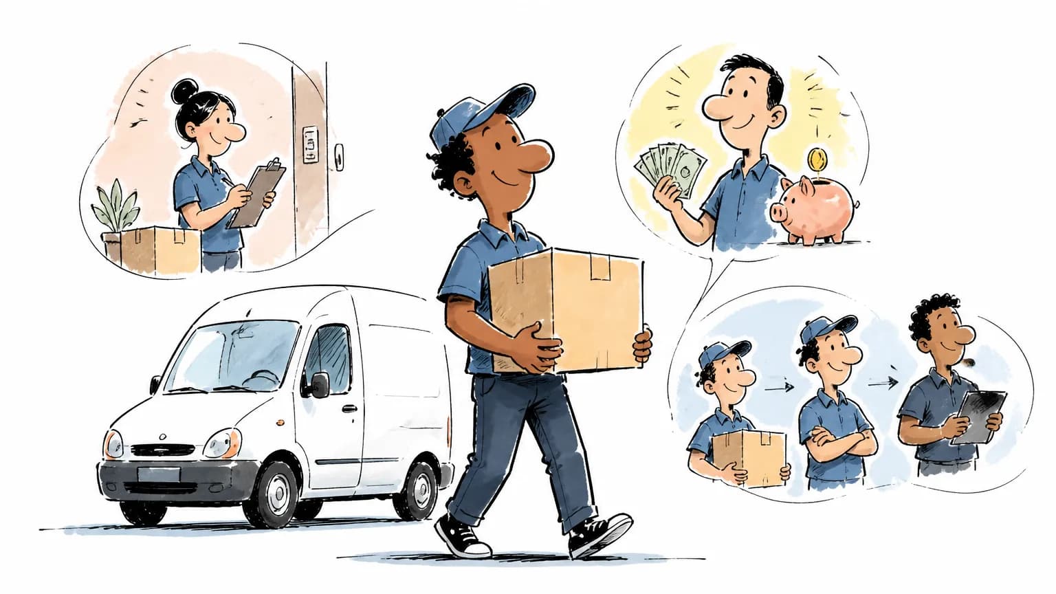 Ilustração sobre Motorista entregador: o que faz, salário e como ser, com profissional em ambiente de trabalho.