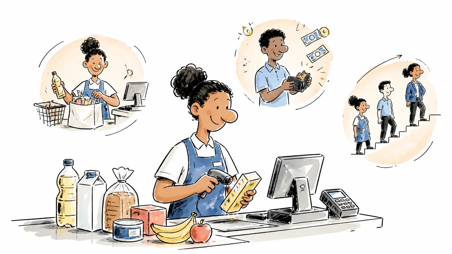Ilustração sobre Operador de caixa: o que faz, salário e como ser, com profissional em ambiente de trabalho.