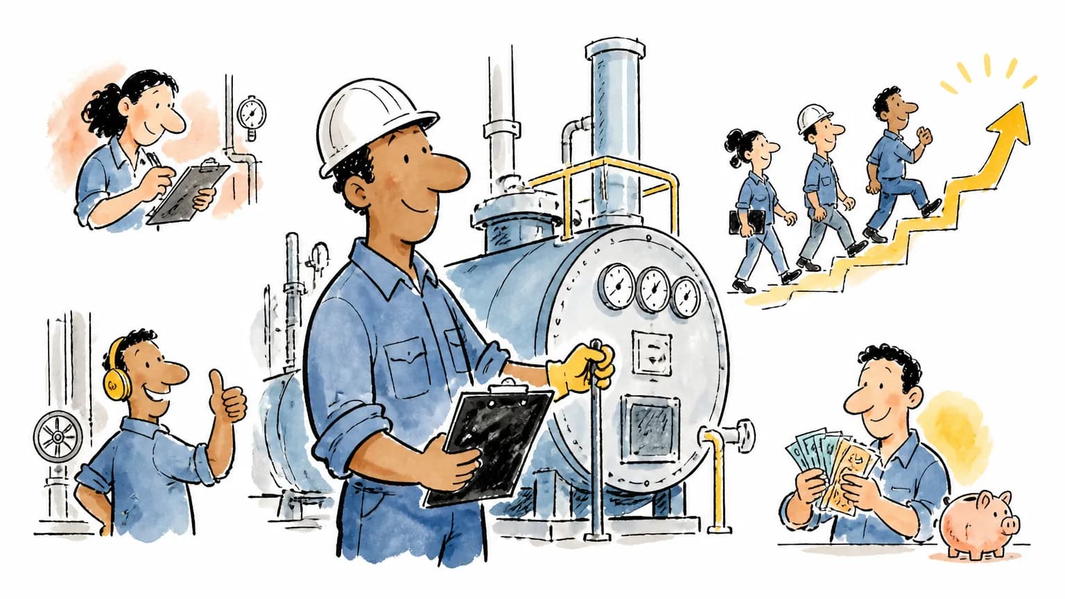 Ilustração sobre Operador de caldeira: o que faz, salário e como ser, com cena profissional relacionada ao tema.