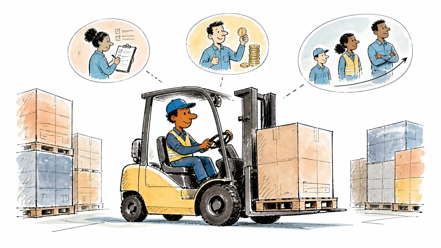 Ilustração sobre Operador de empilhadeira: o que faz, salário e curso, com profissional em ambiente de trabalho.