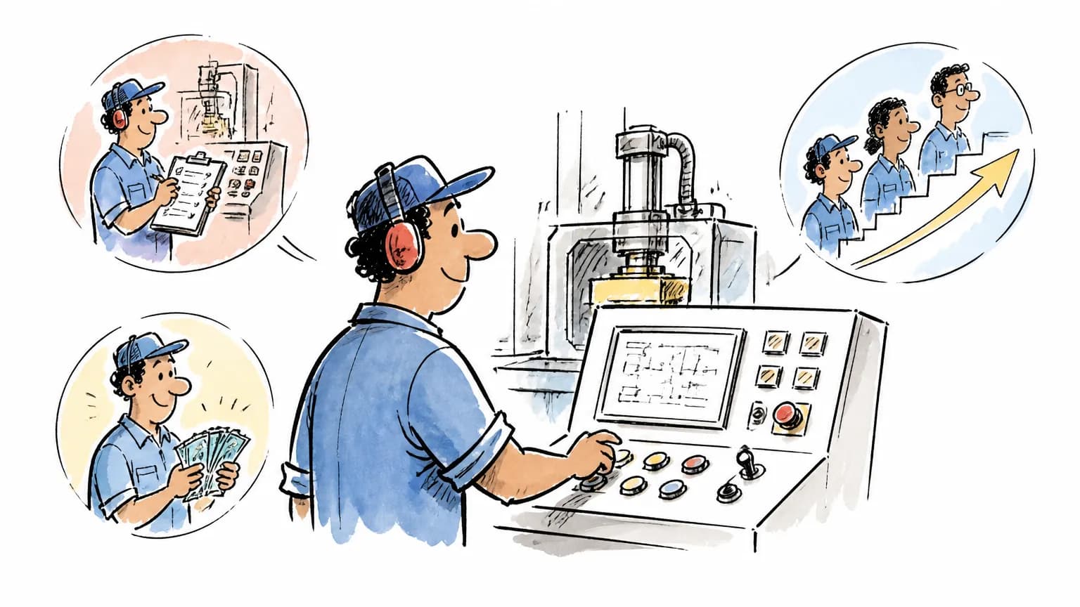 Ilustração sobre Operador de máquina: o que faz, salário e como ser, com profissional em ambiente de trabalho.