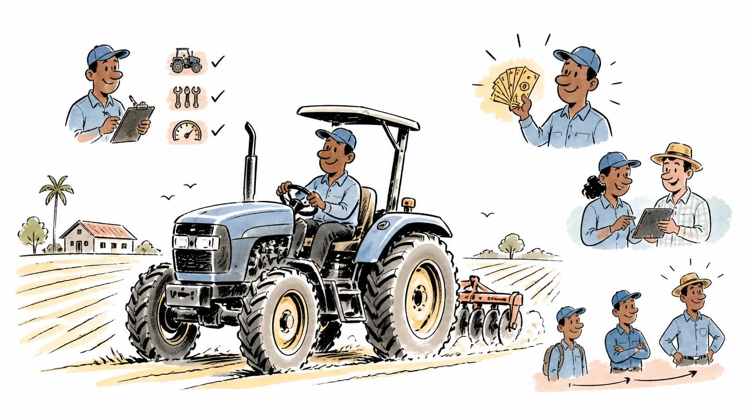 Ilustração sobre Operador de máquinas agrícolas: o que faz e salário, com cena profissional relacionada ao tema.