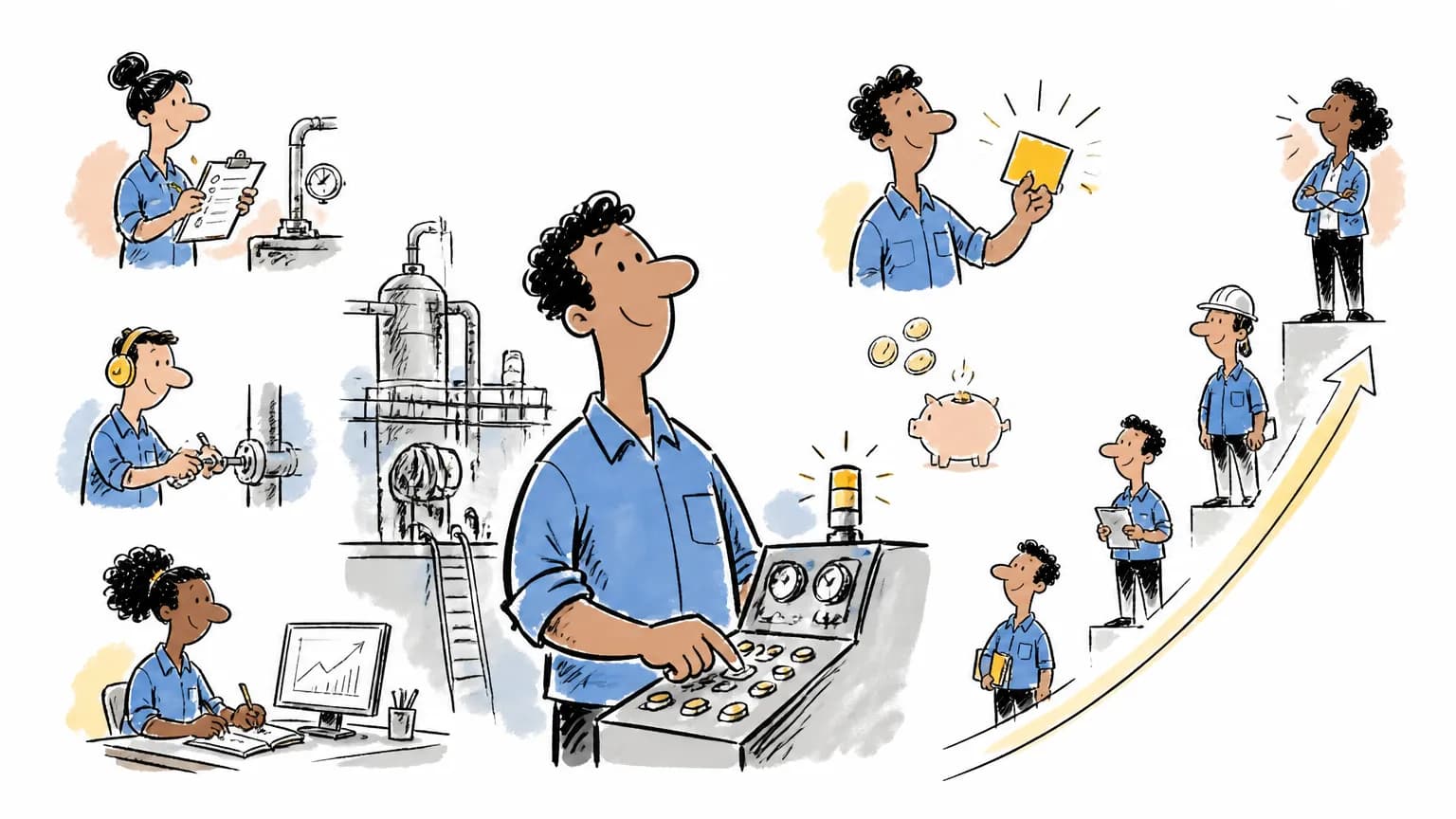 Ilustração sobre Operador de processo: o que faz, salário e como ser, com cena profissional relacionada ao tema.