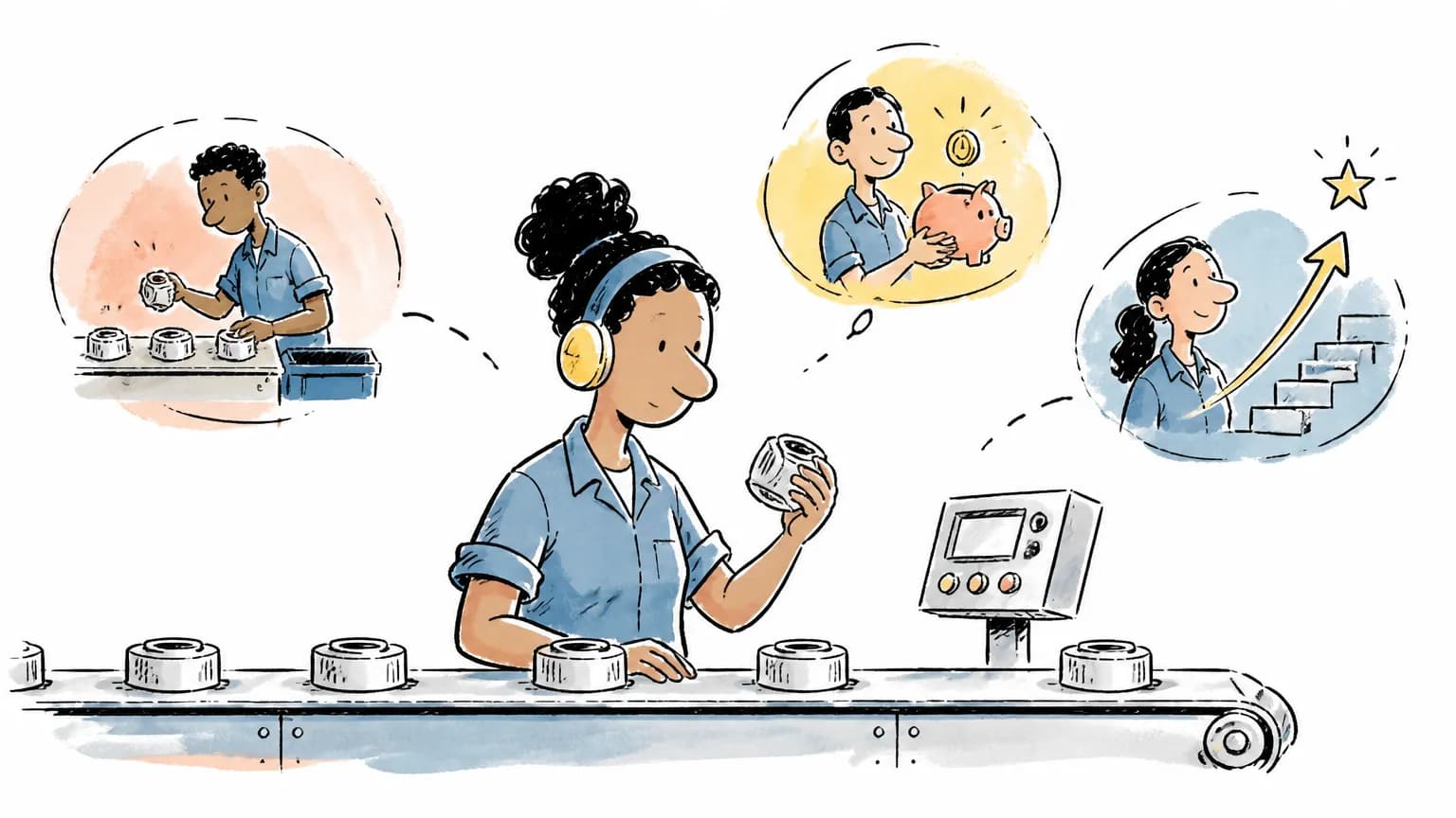Ilustração sobre Operador de produção: o que faz, salário e como ser, com profissional em ambiente de trabalho.