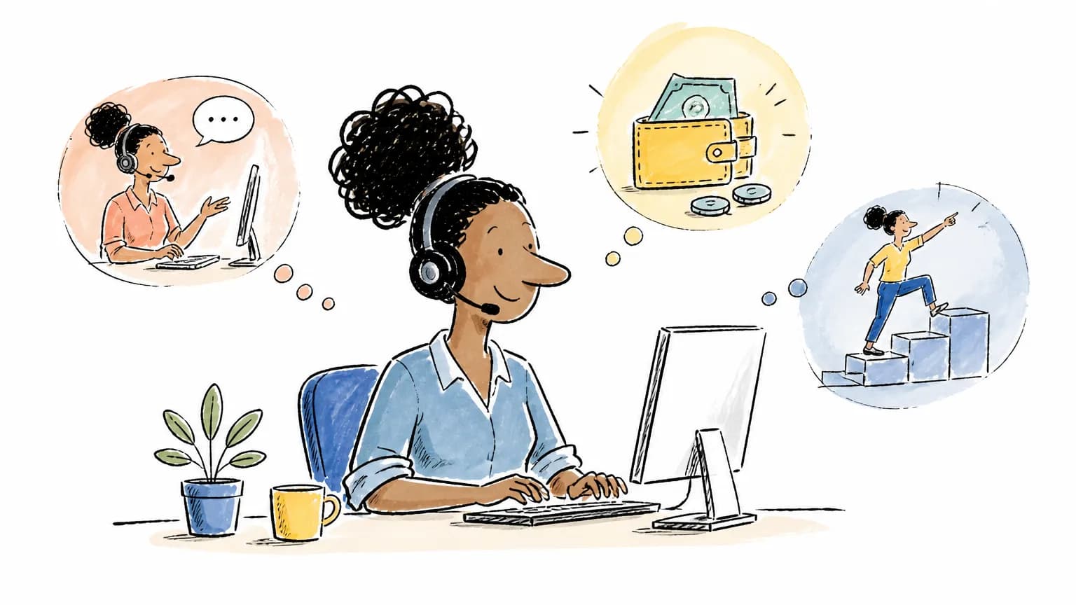 Ilustração sobre Operador de telemarketing: o que faz, salário e como ser, com profissional em ambiente de trabalho.