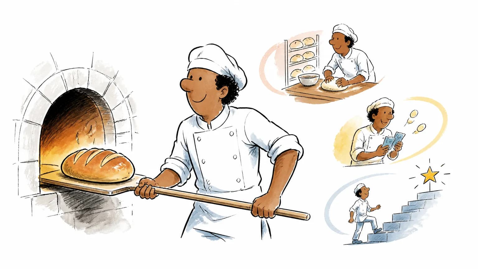Ilustração sobre Padeiro: o que faz, salário e como ser, com profissional em ambiente de trabalho.