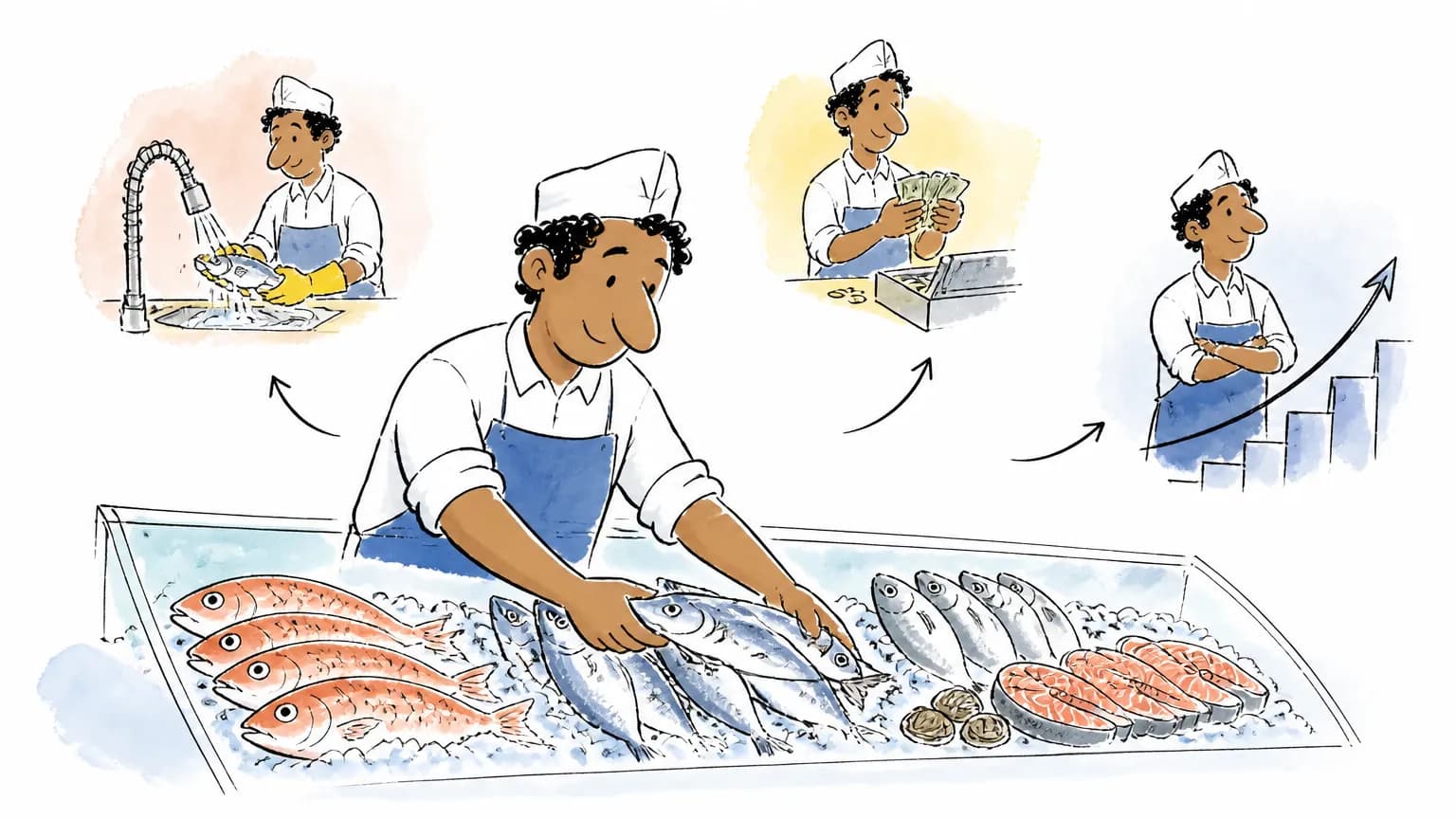Ilustração sobre Peixeiro: o que faz, salário e como ser, com profissional em ambiente de trabalho.