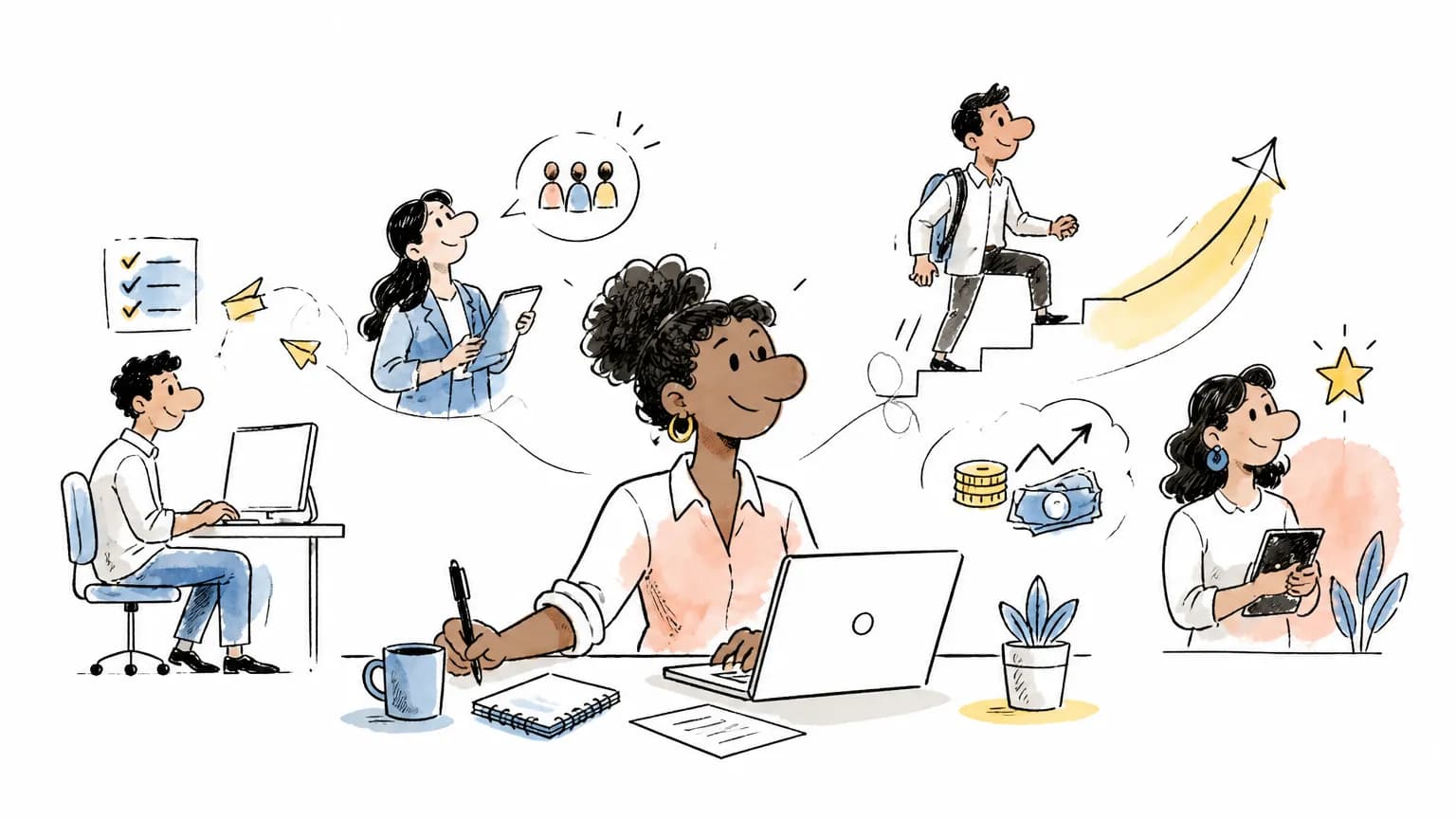 Ilustração sobre Pretensão salarial: o que colocar e como responder, com cena profissional relacionada ao tema.