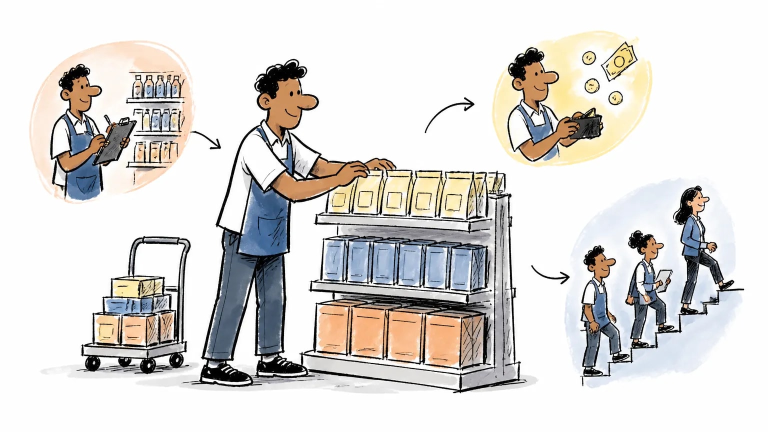 Ilustração sobre Promotor de vendas: o que faz, salário e como ser, com profissional em ambiente de trabalho.