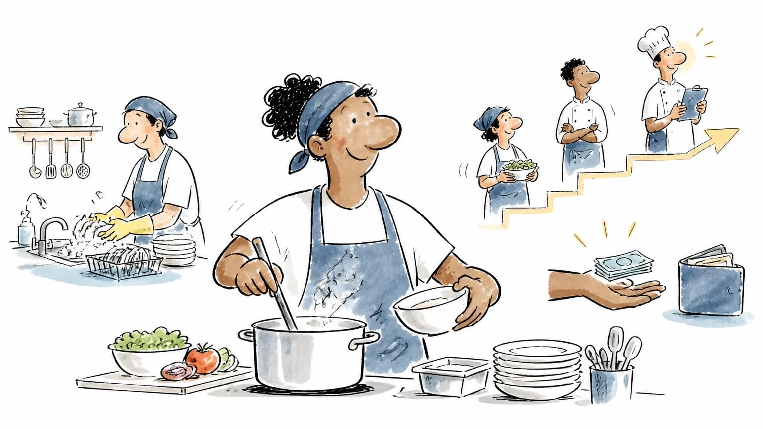 Ilustração sobre Quanto ganha um auxiliar de cozinha: salário e faixas, com cena profissional relacionada ao tema.